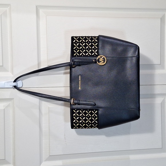 Michael Kors Handbags - Michael Kors large suede jet set travel tote - black/gold laser cut